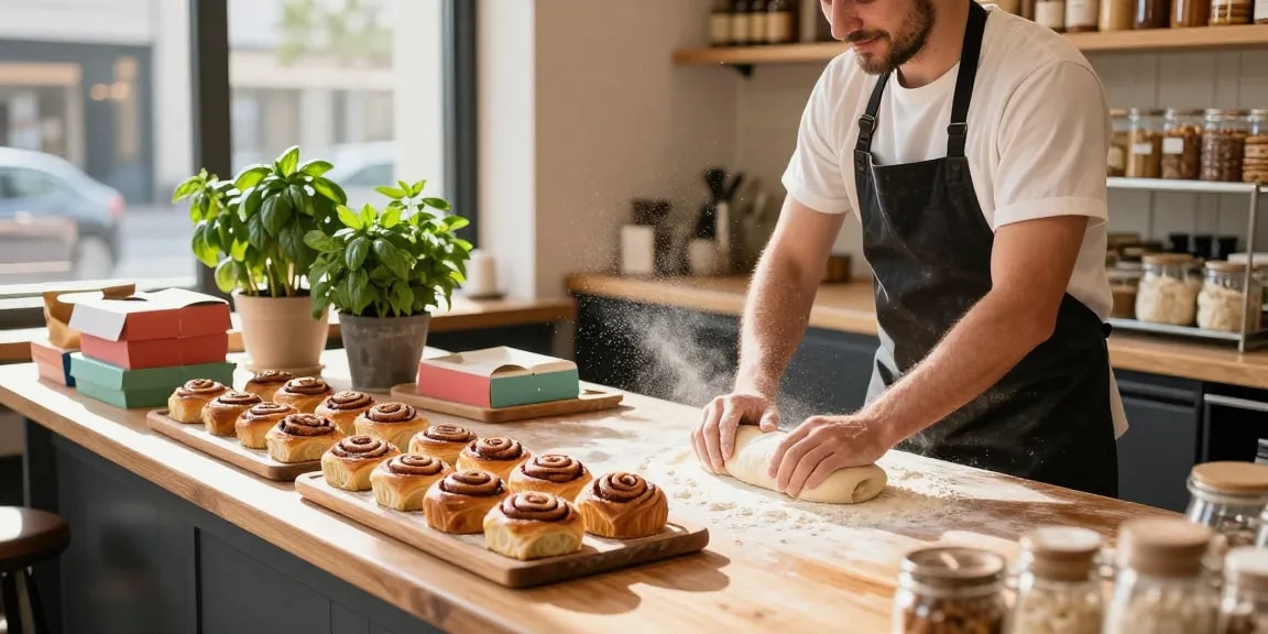 Freshly baked cinnamon buns at a bakery near me, showcasing cake near me Calgary options in a vibrant scene.