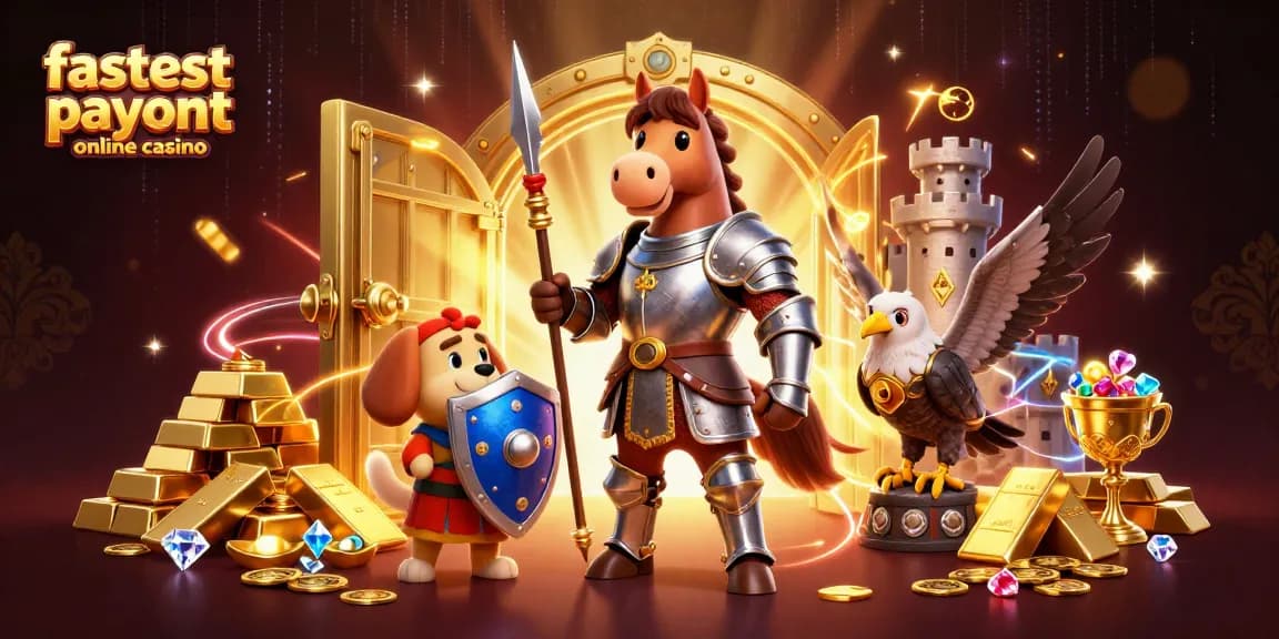 Join the fastest payout online casino adventure with a knight, puppy, and falcon in a treasure scene.