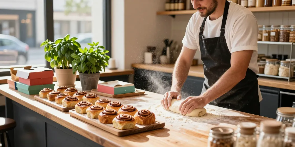 Freshly baked cinnamon buns at a bakery near me, showcasing cake near me Calgary options in a vibrant scene.
