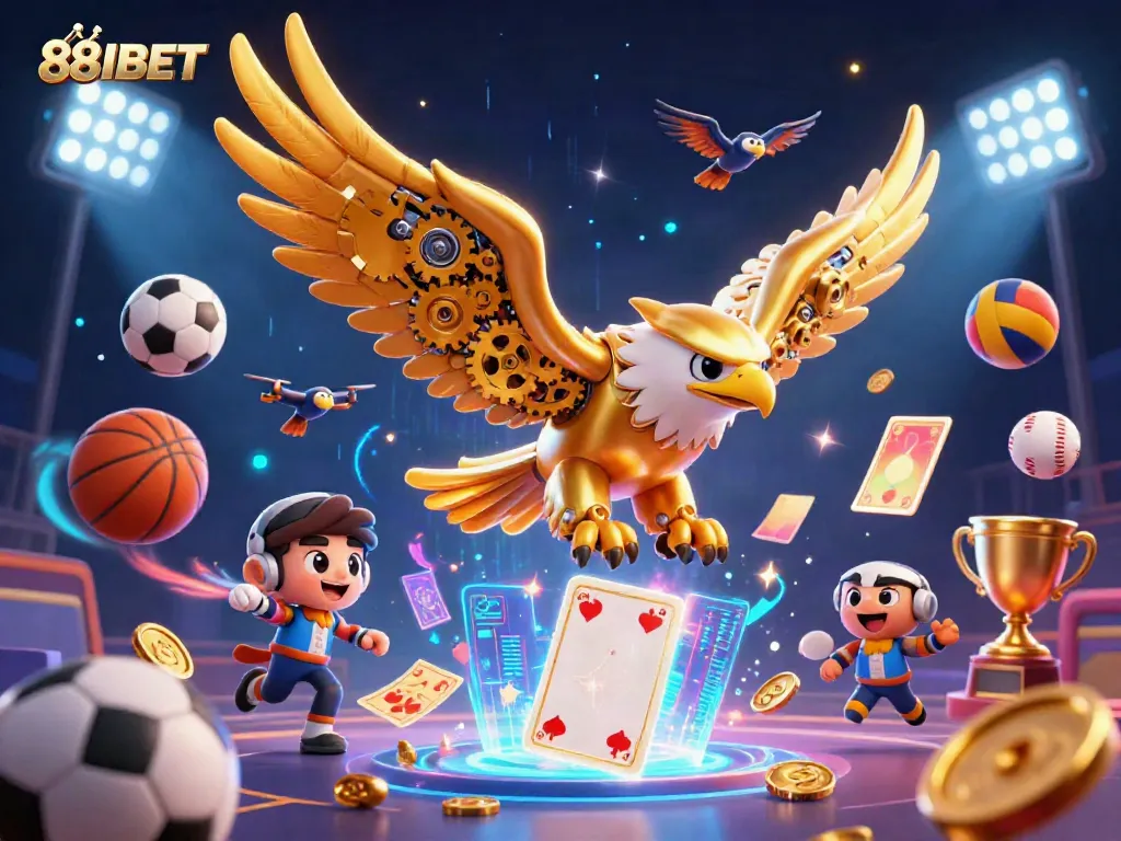 Experience the thrill of betting with 88IBET featuring a majestic golden eagle surrounded by vibrant sports elements.