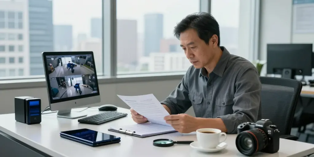 Investigator reviewing case files and footage at goodtam.com office