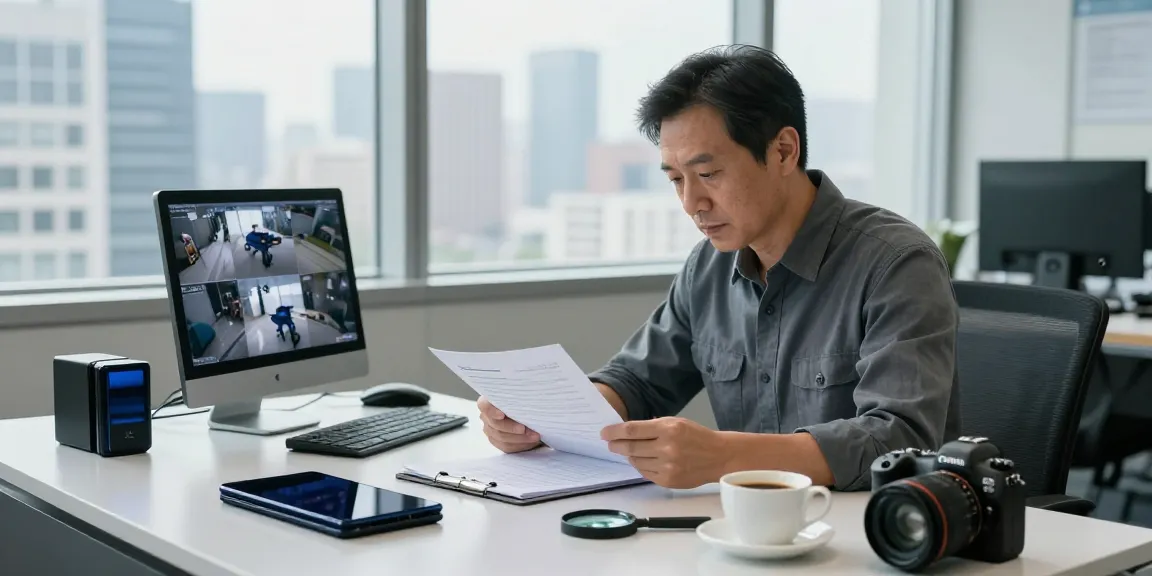 Investigator reviewing case files and footage at goodtam.com office