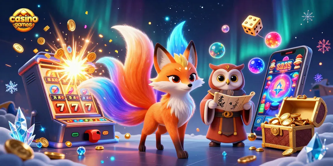 Experience engaging casino games with a glowing fox spirit and winning symbols in a vibrant scene.