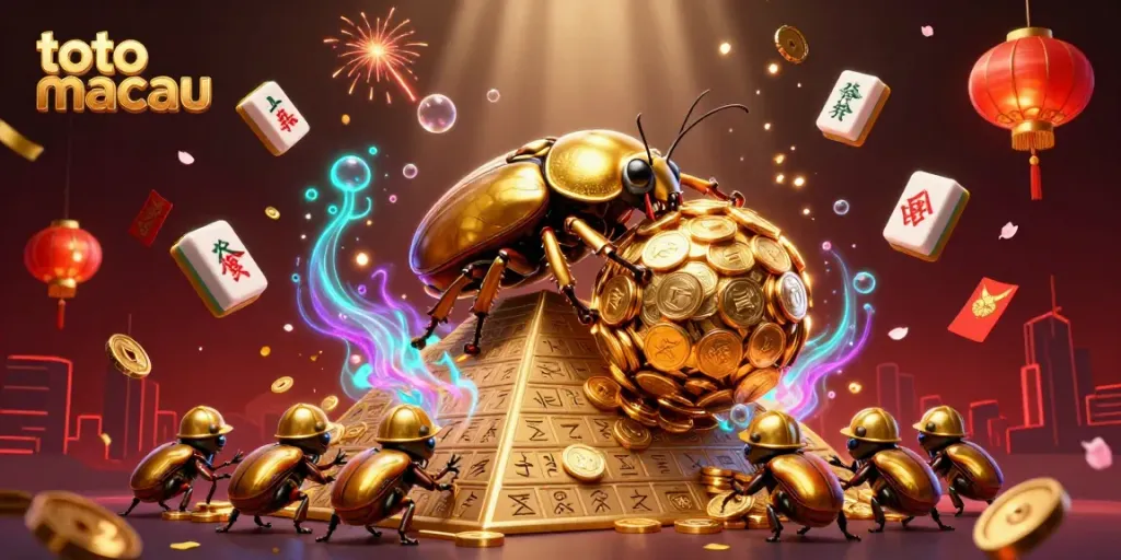Ilustrasi 3D yang mendetail menampilkan toto macau dengan berbagai elemen bermain yang megah dan simbol kasino.