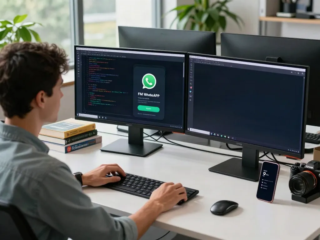 Developer working on FM WhatsApp APK features in a modern office.