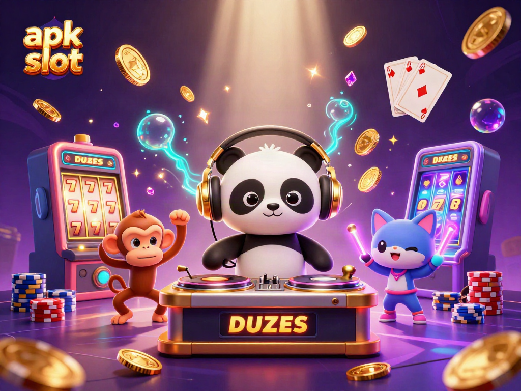 Join the excitement of apk slot with vibrant characters and dazzling casino elements in a 3D illustration.