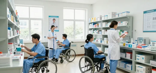 Professional medical supply team organizing essential healthcare tools in a bright, sterile environment.